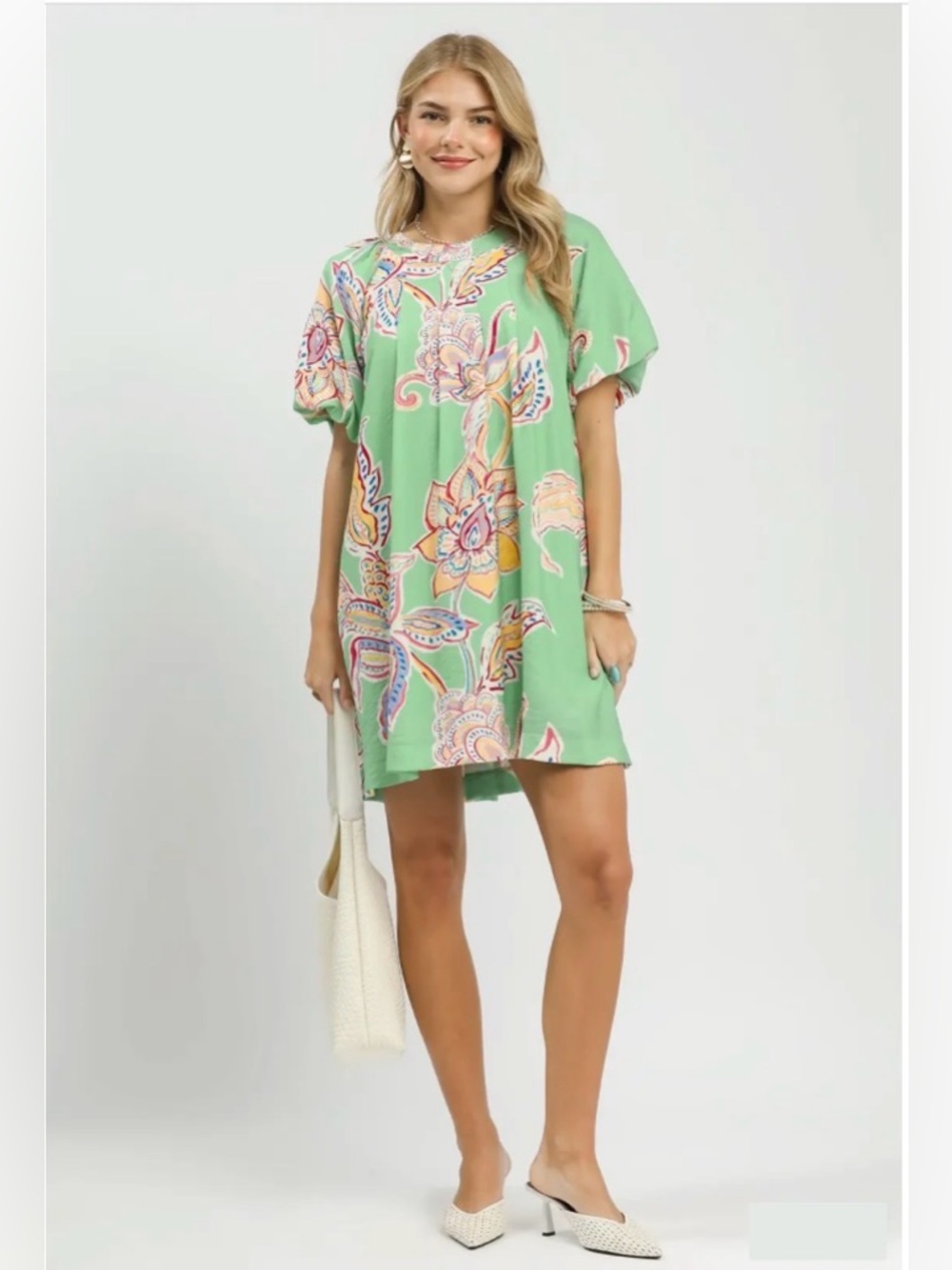 Umgee Boho Floral Print Mini Dress with Pockets Sage Boutique Dress🛍️